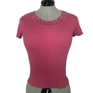 Vintage Y2K Requirements Pink Ribbed Shirt Silver Embellishment Size M